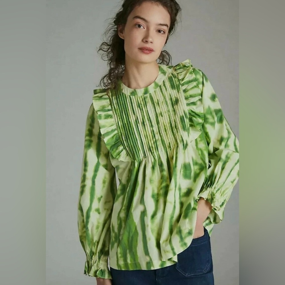 Anthropologie Samant Chauhan Emilia Ruffled Green & White Tie Dye Boho XL